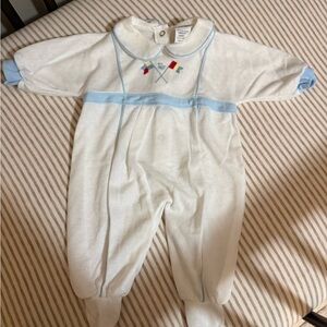 Dior White One-Piece Footie with Light Blue Trim and Flag Embroidery